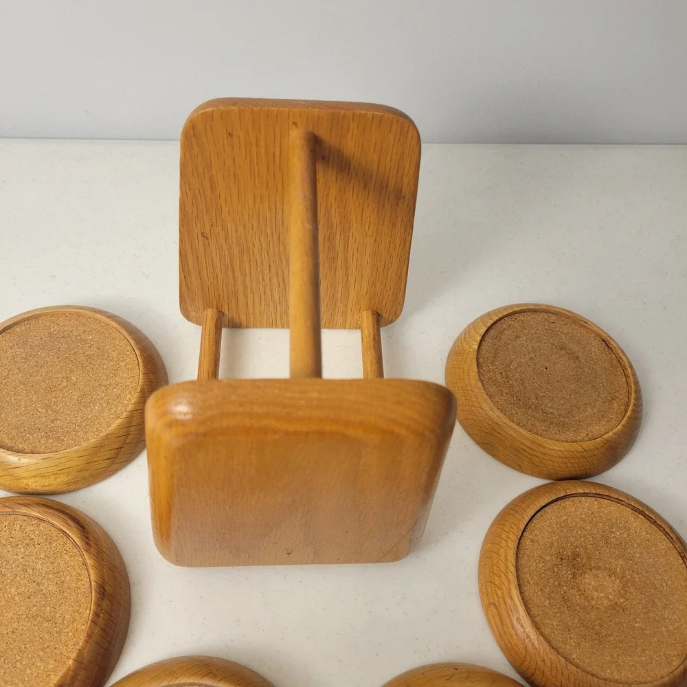 Himark Wood Coasters MCM Brown Vintage Oak Cork 6 Piece Set with Caddy